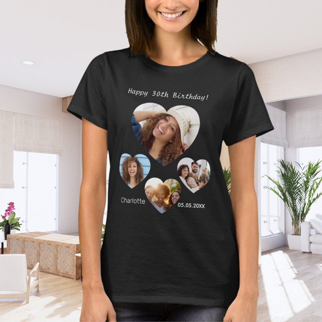 Birthday name age photo heart collage woman black T-Shirt (Creator Uploaded)