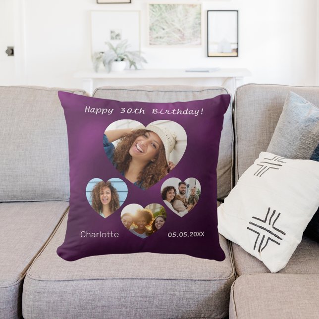 Birthday name age photo heart collage woman purple cushion (Creator Uploaded)