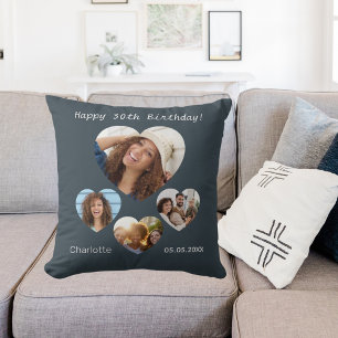 Birthday name photo heart collage charcoal gray cushion