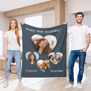 Birthday name photo heart collage charcoal gray fleece blanket