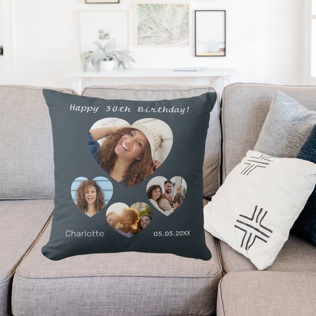 Birthday name photo heart collage charcoal grey cushion (Creator Uploaded)