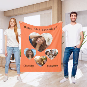 Birthday name photo heart collage coral orange fleece blanket