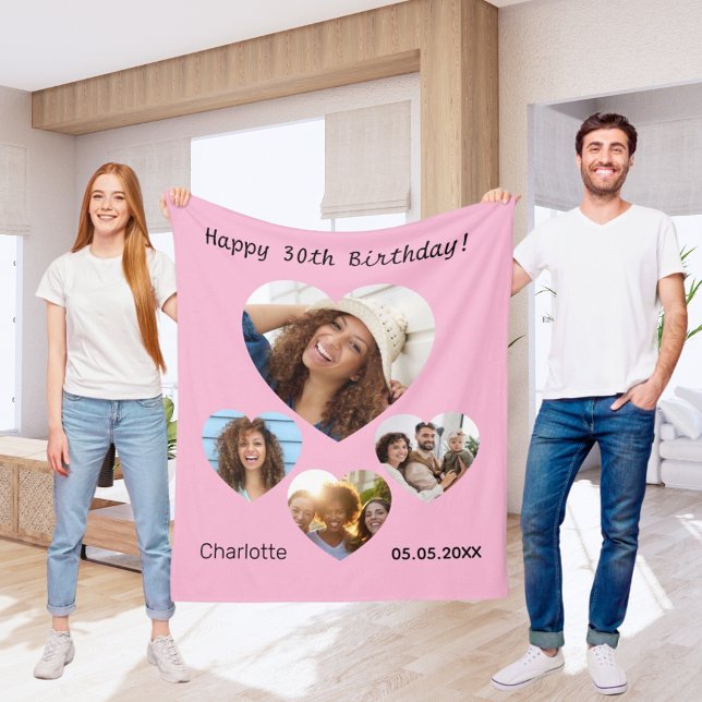 Birthday name photo heart collage pink fleece blanket (Creator Uploaded)