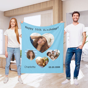 Birthday name photo heart collage sky blue fleece blanket