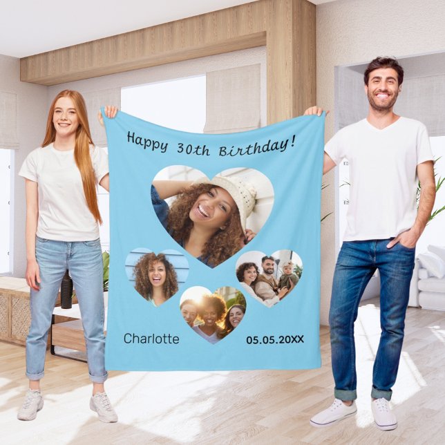 Birthday name photo heart collage sky blue fleece blanket (Creator Uploaded)