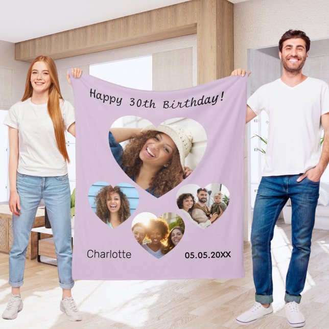 Birthday name photo heart collage taupe fleece blanket (Creator Uploaded)