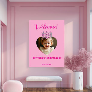 Birthday name photo pink tiara baby girl welcome poster