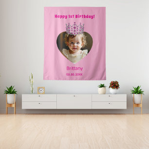 Birthday name photo pink tiara baby girl welcome tapestry