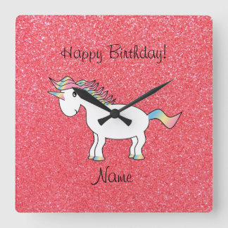 Birthday name unicorn light pink glitter square wall clock
