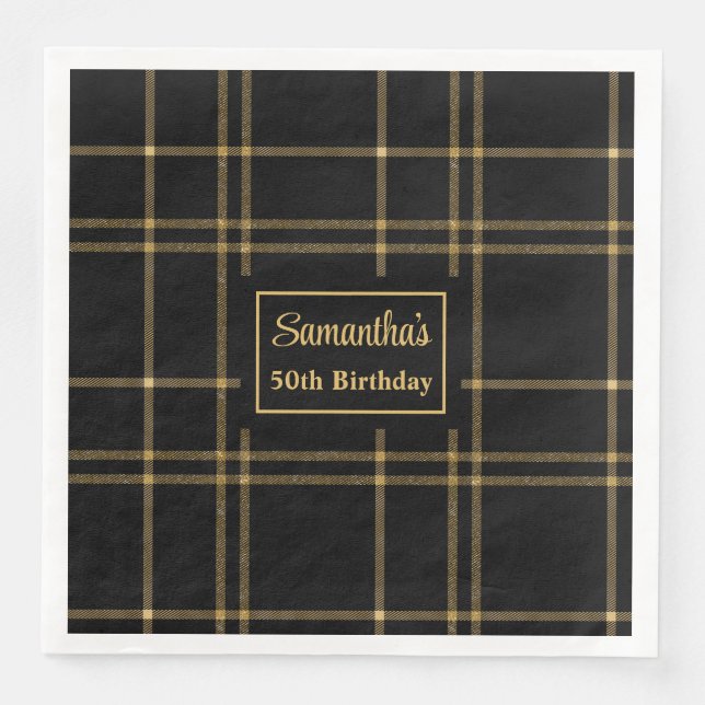 Birthday Napkins Elegant Black Gold Monogram (Front)