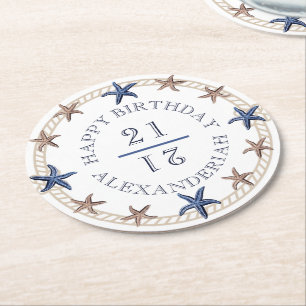 Birthday Nautical Navy Blue White Tan Starfish  Round Paper Coaster