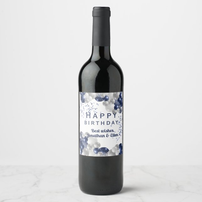 Birthday Navy Balloon Wine Label (Front)
