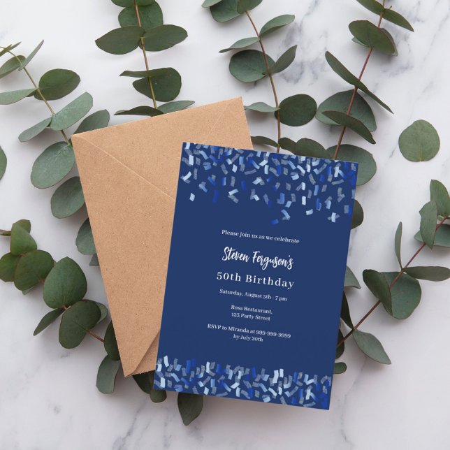 Birthday navy blue confetti invitation (Creator Uploaded)