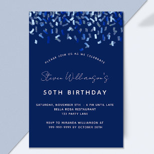 Birthday navy blue confetti men guy luxury invitation