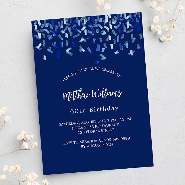Birthday navy blue confetti men guy party invitation (Creator Uploaded)