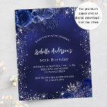 Birthday navy blue floral silver budget invitation<br><div class="desc">A navy blue background,  decorated with faux silver glitter,  sparkles and blue florals. The blue colour is uneven. Personalise and add a name and party details. 

1 sheet = 1 invitation printed edge to edge</div>