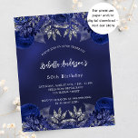 Birthday navy blue flowers budget invitation<br><div class="desc">A navy blue background,  decorated with blue roses,  flowers. The blue colour is uneven. Personalise and add a name and party details.
Back: navy blue and faux silver sparkles.

1 sheet = 1 invitation printed edge to edge.</div>