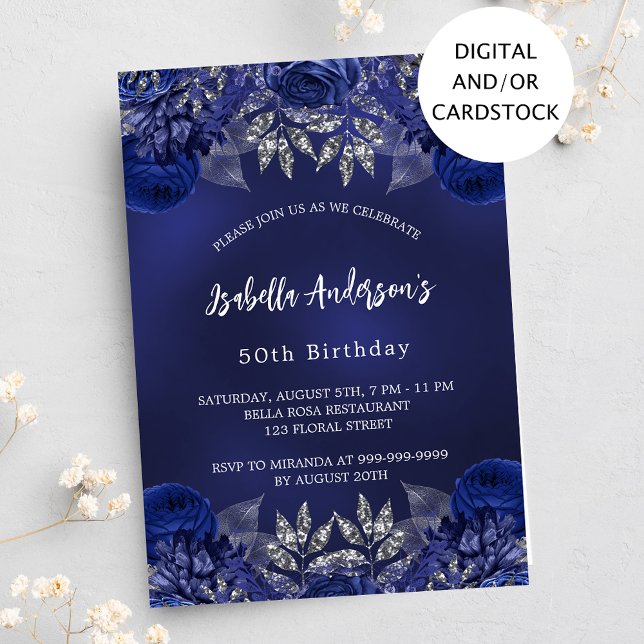 Birthday navy blue flowers elegant invitation (Creator Uploaded)