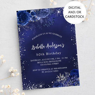 Birthday navy blue flowers silver sparkles invitation