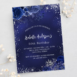 Birthday navy blue flowers silver sparkles invitation postcard<br><div class="desc">A navy blue background,  decorated with faux silver glitter,  sparkles and blue florals. The blue colour is uneven. Personalise and add a name and party details.</div>