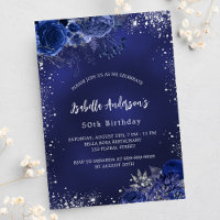 Birthday navy blue flowers silver sparkles