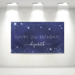 Birthday navy blue glitter dust monogram banner<br><div class="desc">For a girly and glamourous 21st (or any age) birthday party. A navy blue background with elegant faux glitter dust. The blue colour is uneven. Personalise and add a name and age 21. White letters. The name is written with a modern hand lettered style script with swashes. To keep the...</div>
