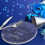 Birthday navy blue glitter dust monogram paper plate<br><div class="desc">For a girly and glamourous 21st (or any age) birthday party.  A navy blue background with elegant faux glitter dust. The blue colour is uneven.  Personalise and add a name and age 21.  White letters.</div>