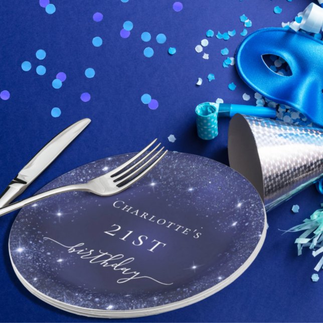 Birthday navy blue glitter dust monogram paper plate (Creator Uploaded)