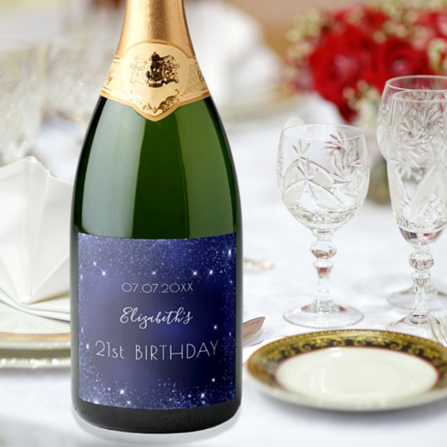 Birthday navy blue glitter dust monogram sparkling wine label (Creator Uploaded)