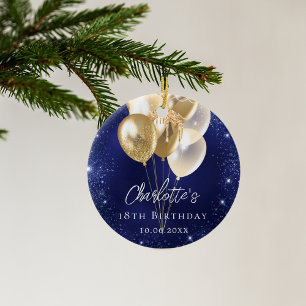 Birthday navy blue glitter gold balloons ceramic tree decoration