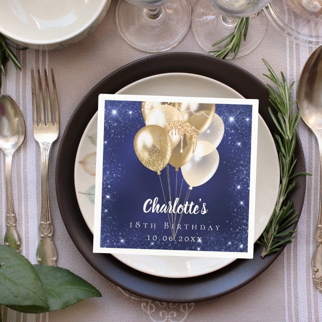 Birthday navy blue glitter gold balloons napkin (Creator Uploaded)