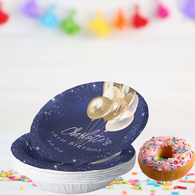 Birthday navy blue glitter gold balloons paper plate (Creator Uploaded)