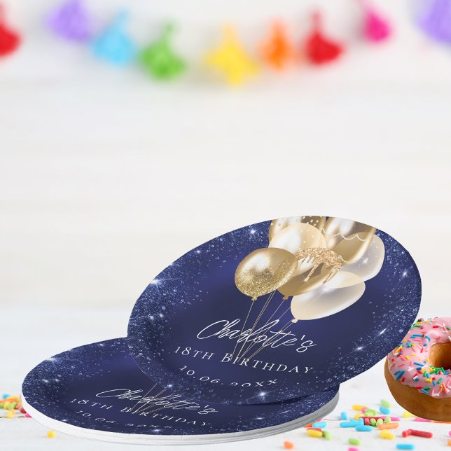 Birthday navy blue glitter gold balloons paper plate (Creator Uploaded)