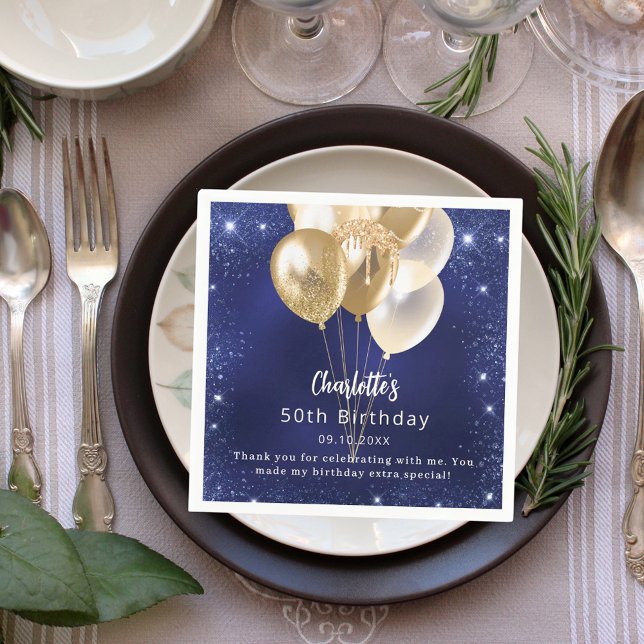 Birthday navy blue glitter gold balloons thank you napkin (Creator Uploaded)