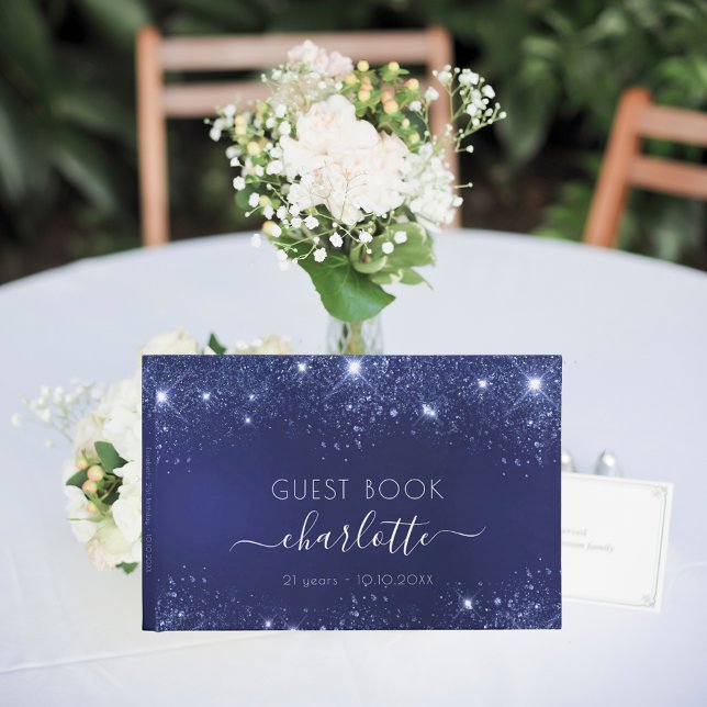 Birthday navy blue glitter sparkles name script guest book (Creator Uploaded)