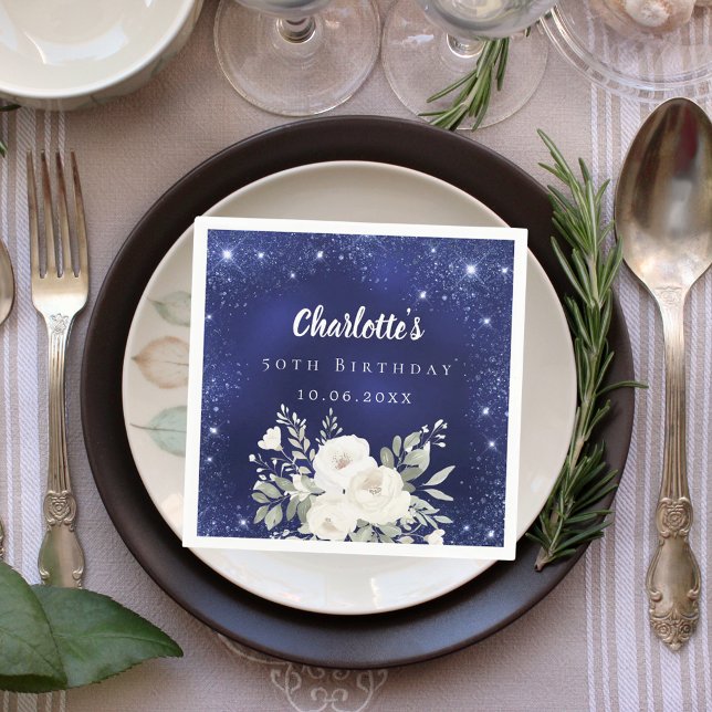 Birthday navy blue glitter white florals napkin (Creator Uploaded)