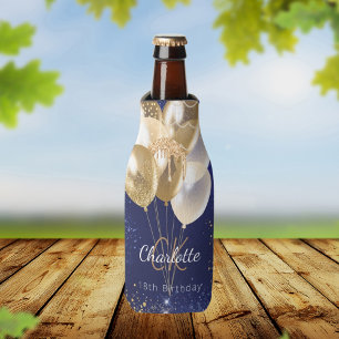 Birthday navy blue gold balloons monogram name bottle cooler