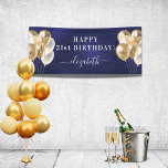 Birthday navy blue gold balloons name script banner<br><div class="desc">For a girly and glamourous 21st (or any age) birthday party. A navy blue background. The blue colour is uneven. Decorated with golden balloons. Personalise and add a name and age 21. White letters. The name is written with a modern hand lettered style script with swashes. To keep the swashes...</div>
