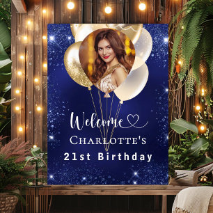 Birthday navy blue gold balloons photo welcome poster