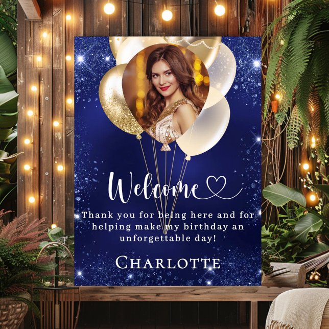 Birthday navy blue gold balloons photo welcome poster (Creator Uploaded)