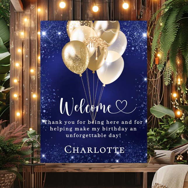 Birthday navy blue gold balloons welcome poster (Creator Uploaded)