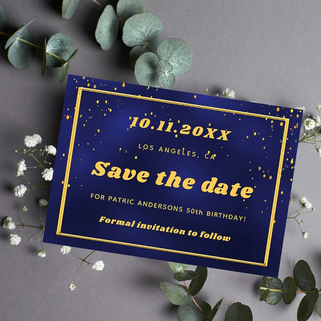 Birthday navy blue gold confetti save the date (Creator Uploaded)
