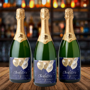 Birthday navy blue gold glitter balloons sparkling wine label