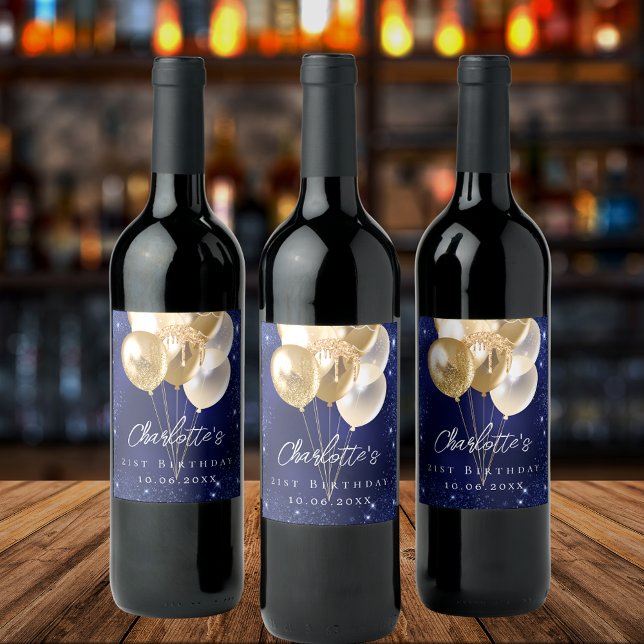 Birthday navy blue gold glitter balloons wine label (Creator Uploaded)
