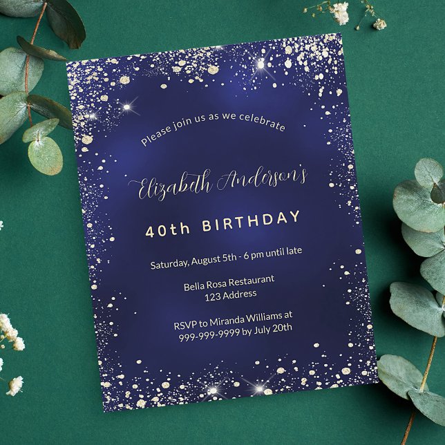 Birthday navy blue gold glitter budget invitation flyer (Creator Uploaded)