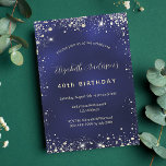 Birthday navy blue gold glitter glamourous invitation postcard<br><div class="desc">A navy blue background,  decorated with faux light gold glitter,  sparkles. The blue colour is uneven. Personalise and add your name and details.  The name is written with a modern hand lettered style script.</div>