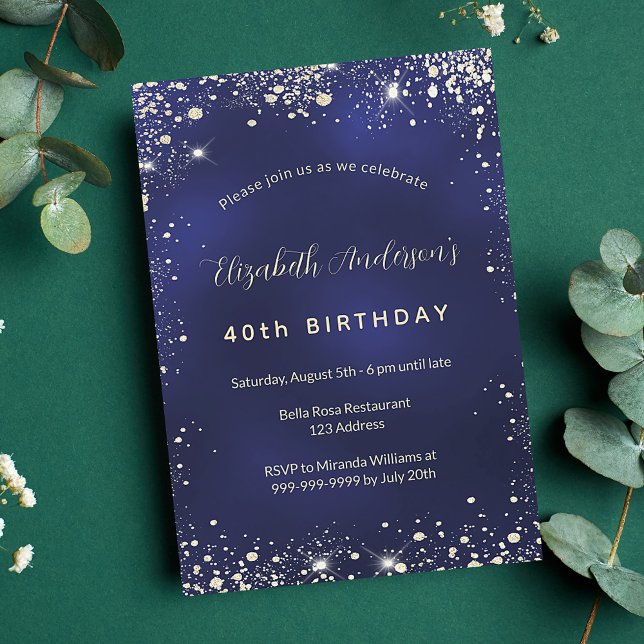 Birthday navy blue gold glitter glamourous invitation postcard (Creator Uploaded)
