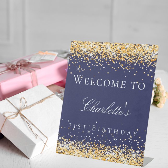 Birthday navy blue gold glitter welcome  pedestal sign (Creator Uploaded)