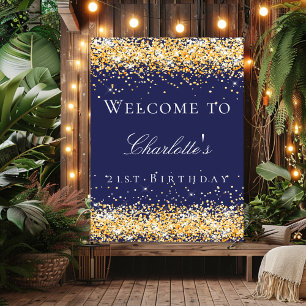 Birthday navy blue gold glitter welcome  poster
