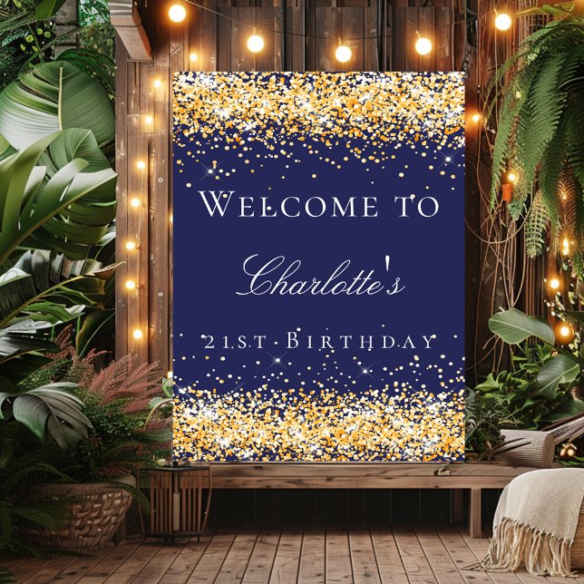 Birthday navy blue gold glitter welcome  poster (Creator Uploaded)